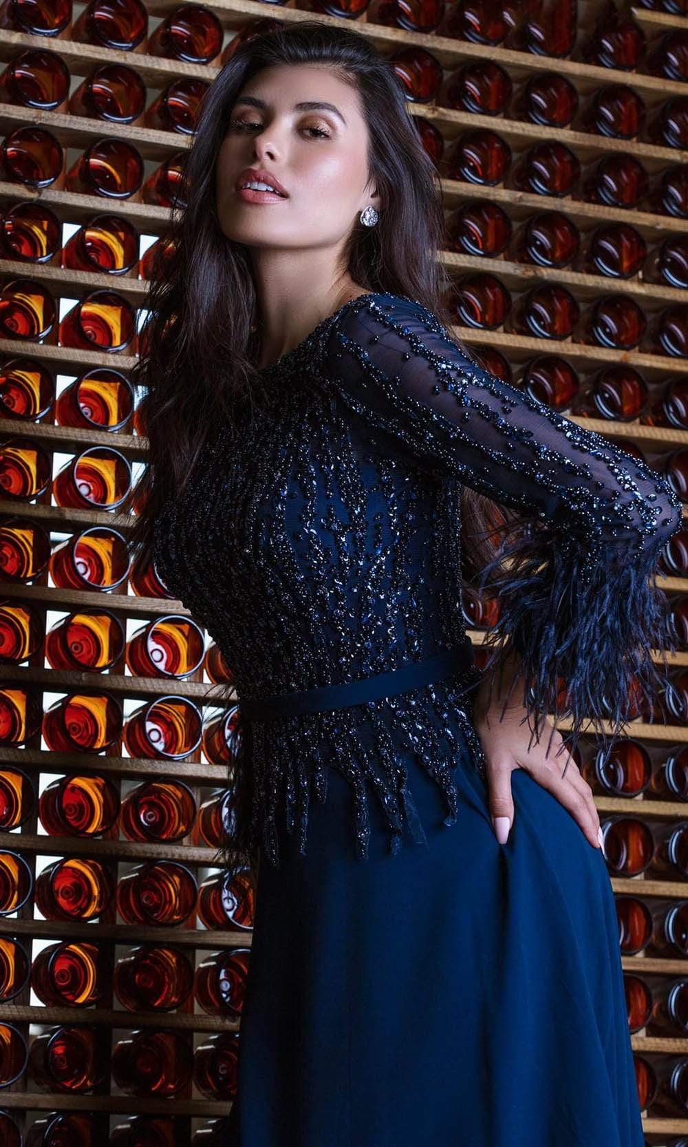 1921M0473 Feather-Fringed Quarter Sleeve Jeweled Gown