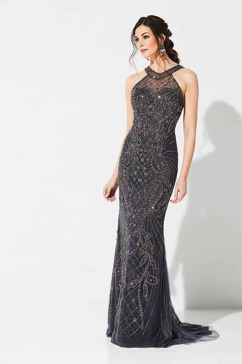 219D74 Bedazzled Halter Dress With Train