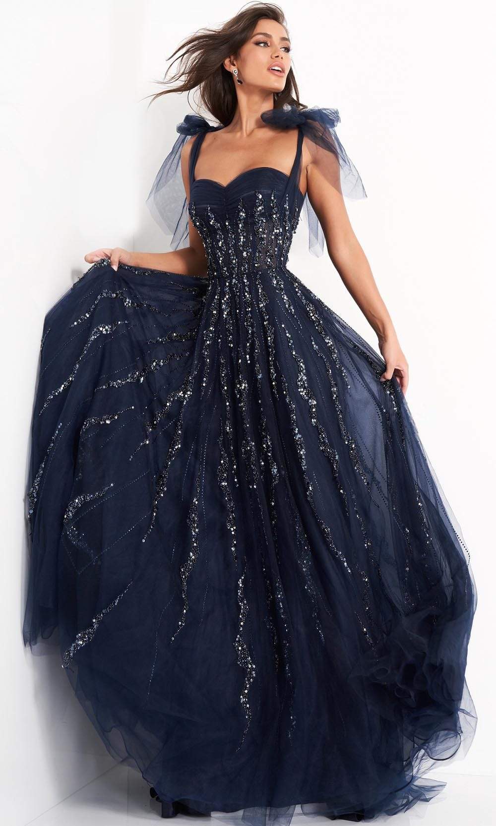 04634 Tie Shoulder Beaded Sweetheart A-Line Gown