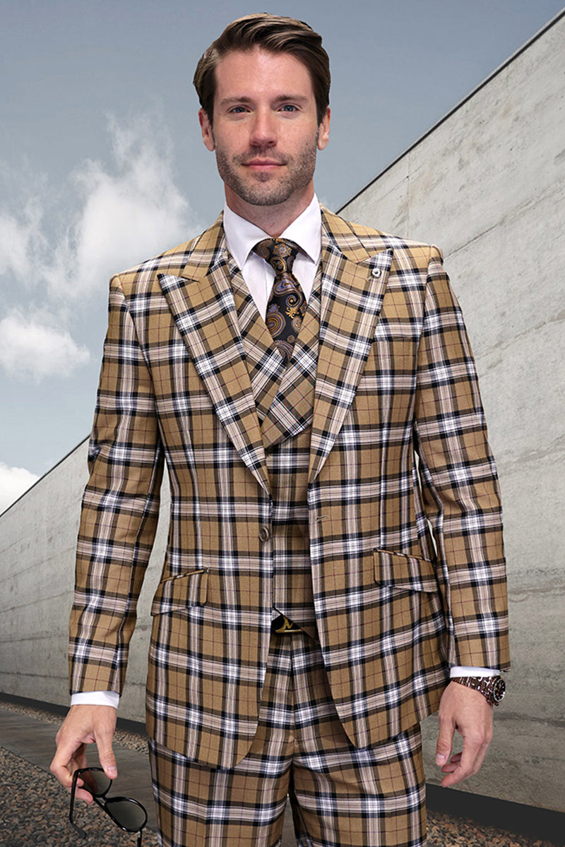 Men’s One Button Wide Peak Lapel Vested Designer Wool Bold Windowpane Plaid Suit in Tan