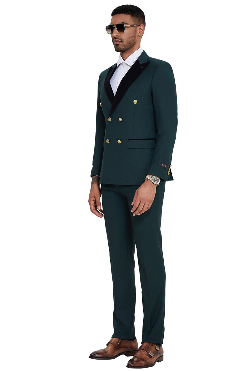 Men’s Double Breasted Wedding Suit with Velvet Peak Lapel and Gold Buttons in Dark Green