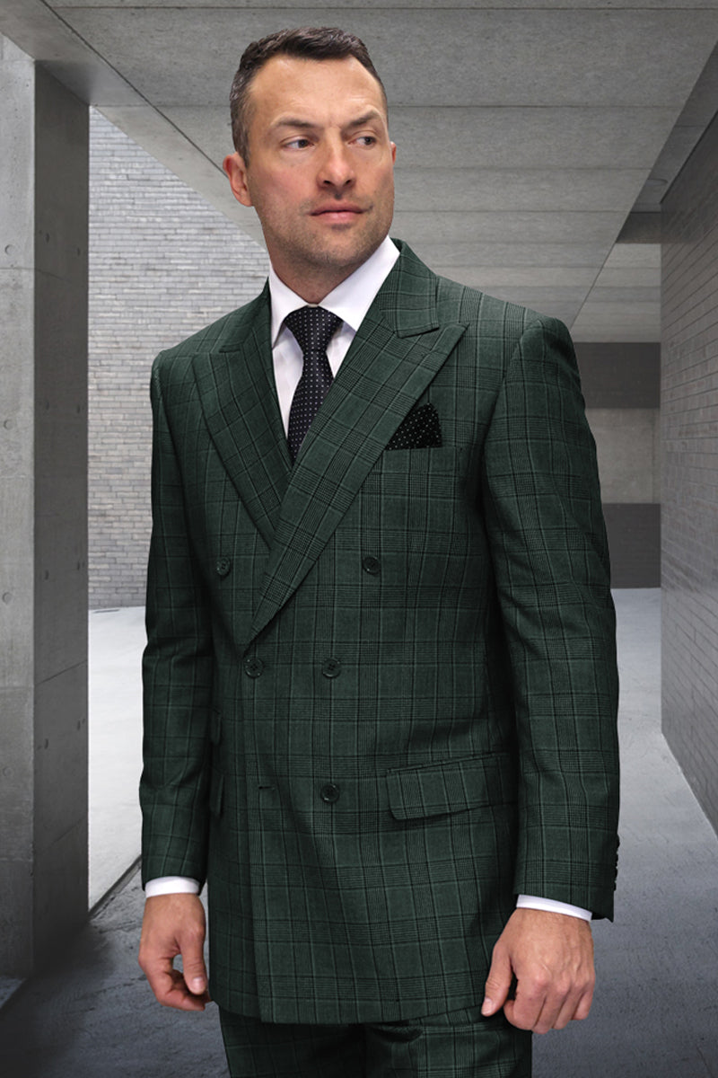 Men’s Designer Classic Fit Double Breasted Wool Suit in Hunter Green Plaid