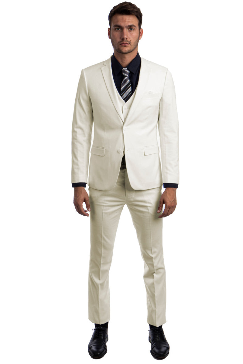 Men’s Two Button Slim Fit Vested Solid Basic Color Suit in Ivory