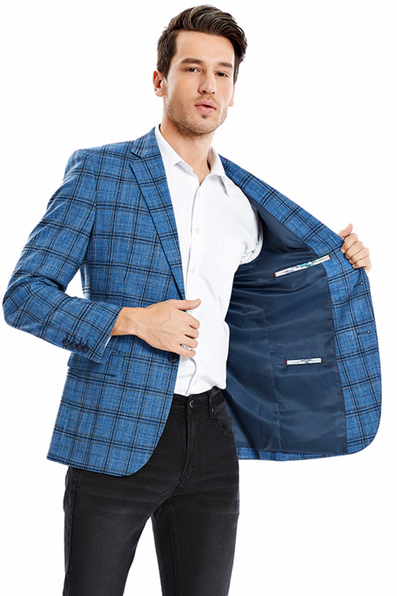 Men’s Two Button Slim Fit Glen Plaid Sport Coat Blazer in Teal Blue