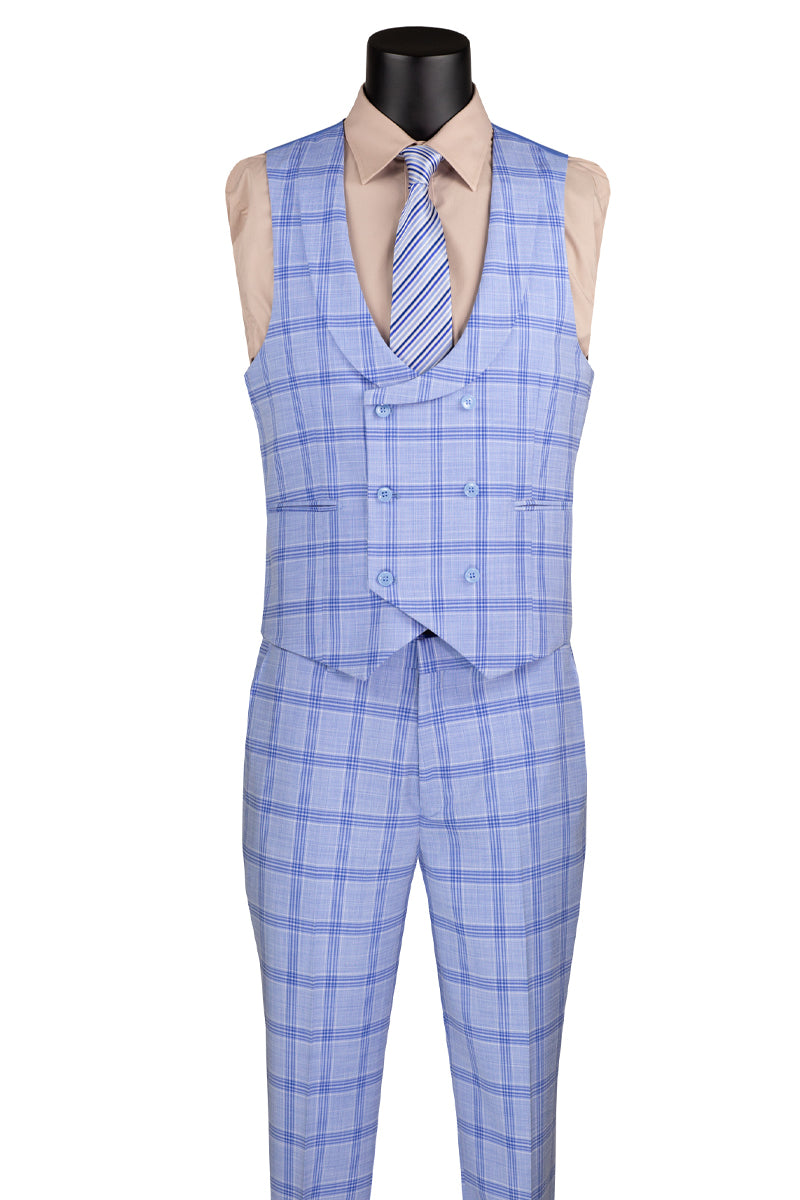 Men’s Summer Windowpane Suit with Double Breasted Vest in Light Blue