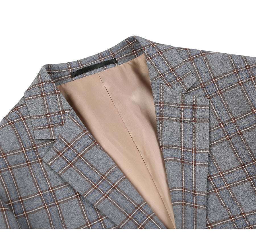Mens Two Button Slim Fit Two Piece Suit in Grey & Bronze Windowpane Plaid