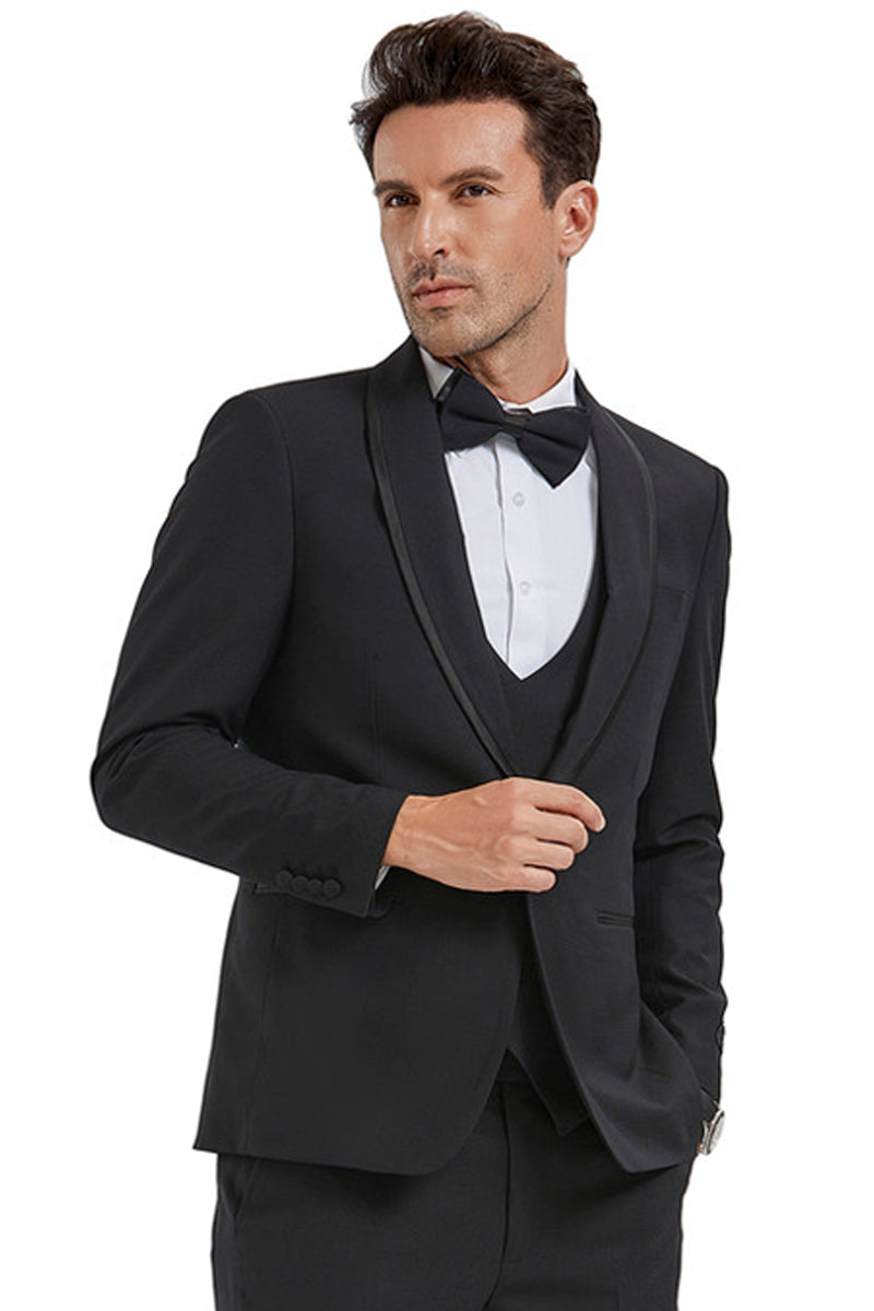 Men’s One Button Vested Shawl Tuxedo in Black Birdseye with Black Satin Trim