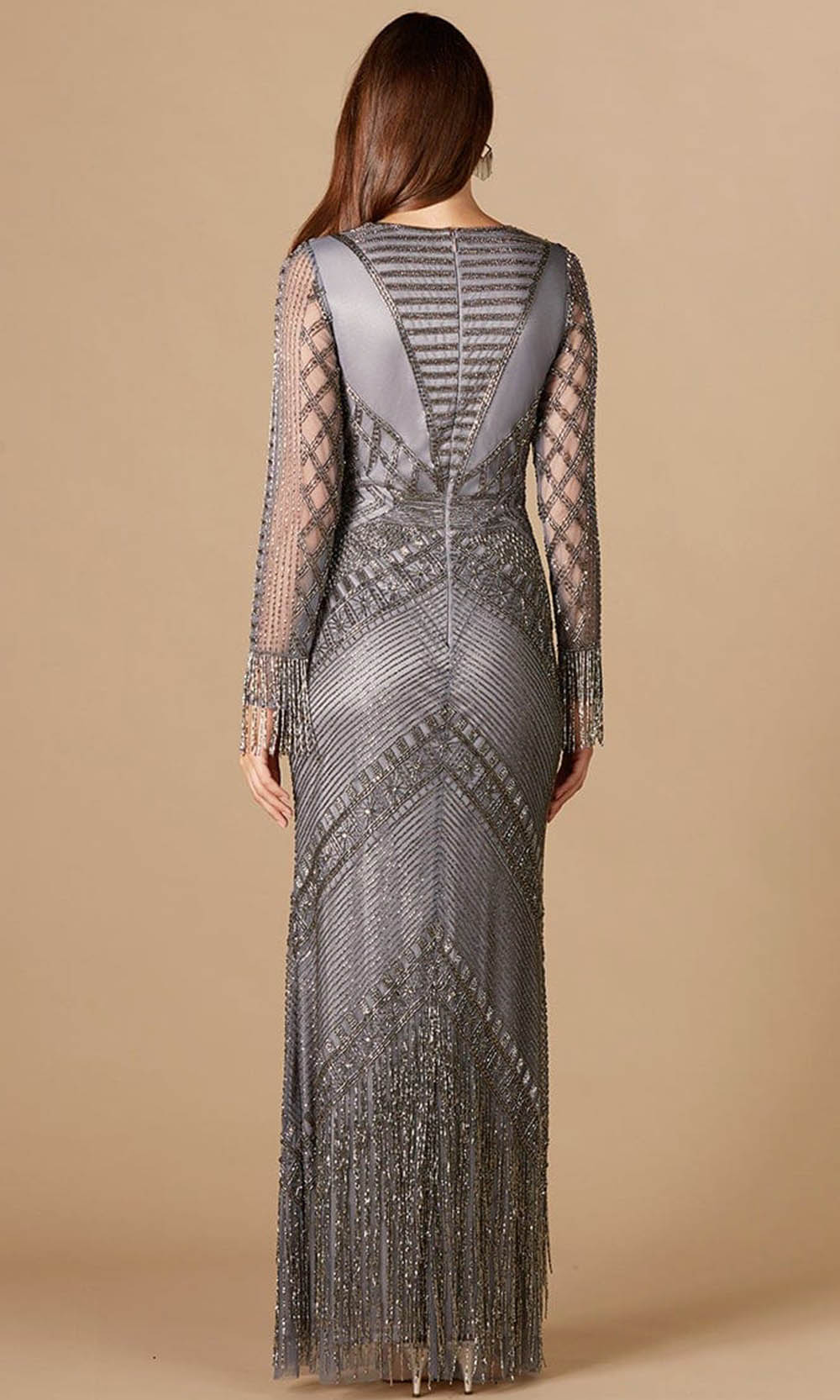 Fringe Beaded Long Sleeve Gown