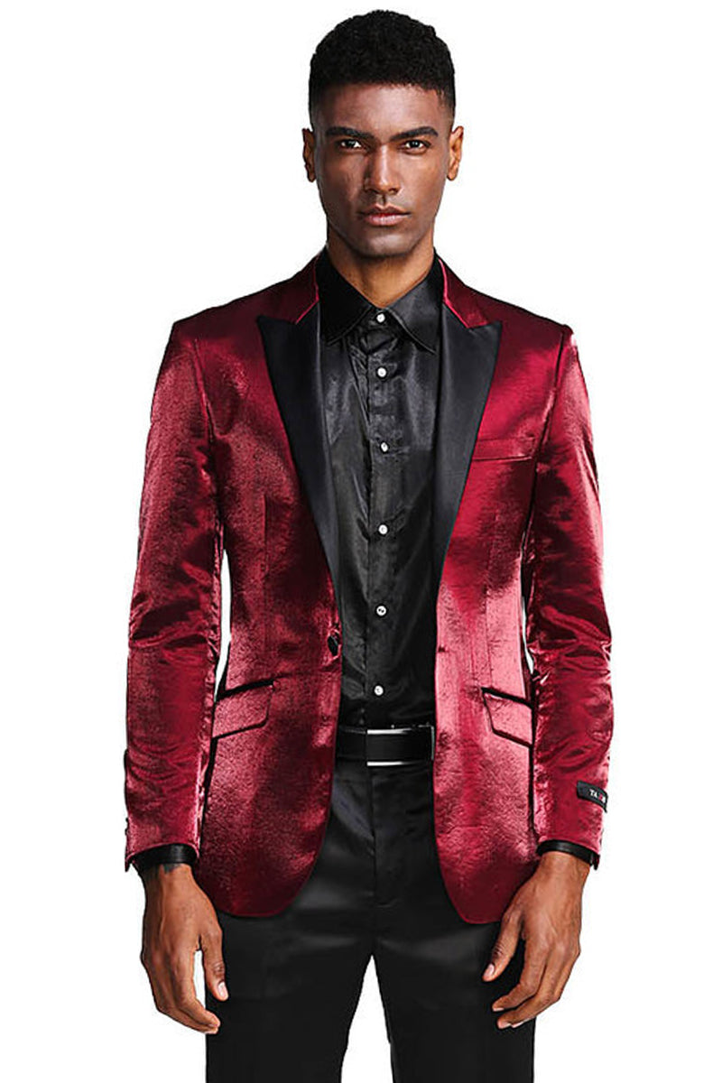 Men’s Slim Fit Shiny Satin Prom & Wedding Tuxedo Jacket in Burgundy