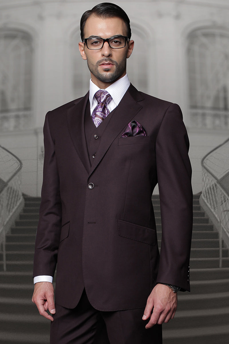 Men’s Designer Vested Modern Fit Wool Business & Wedding Suit in Eggplant Purple