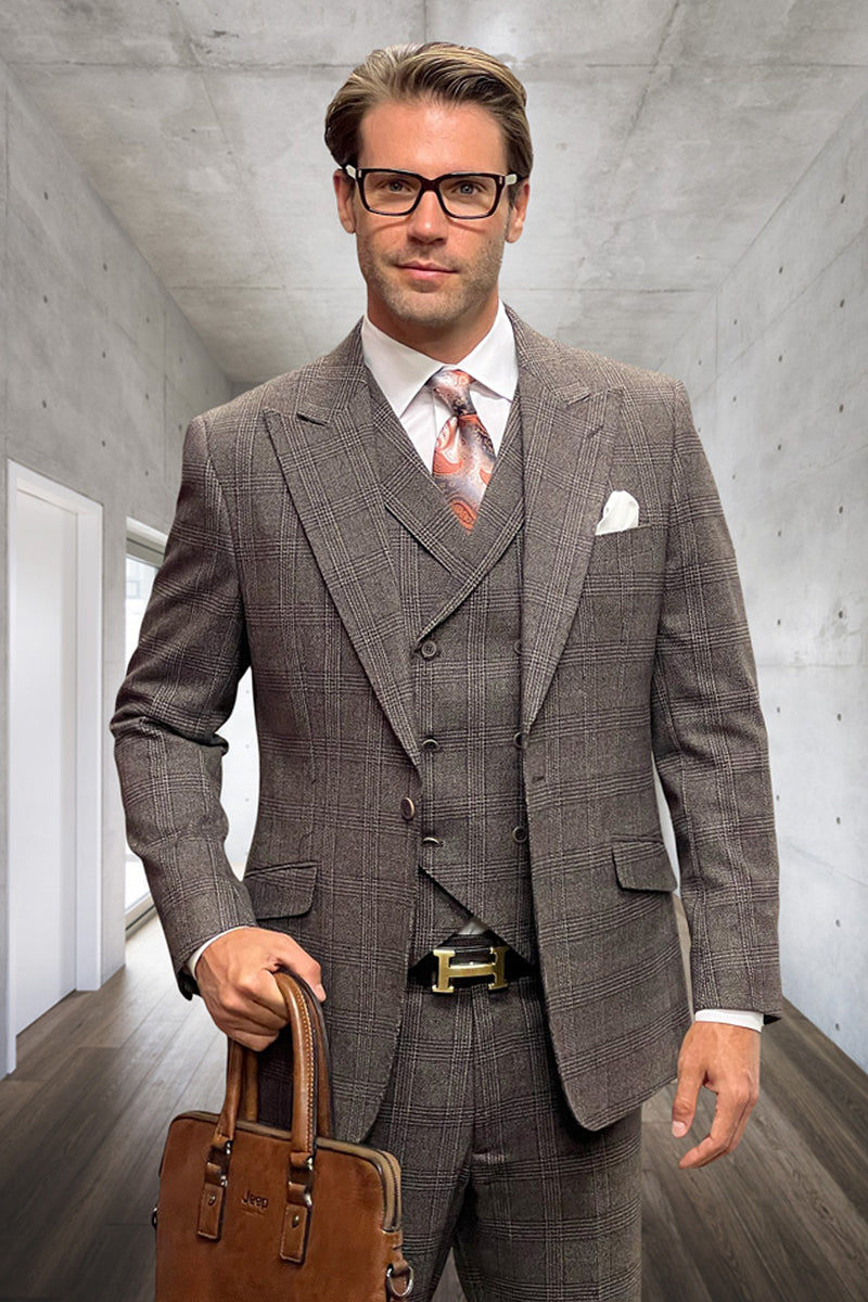 Men’s Designer Wool Peak Lapel Suit in Muted Brown Widowpane Plaid