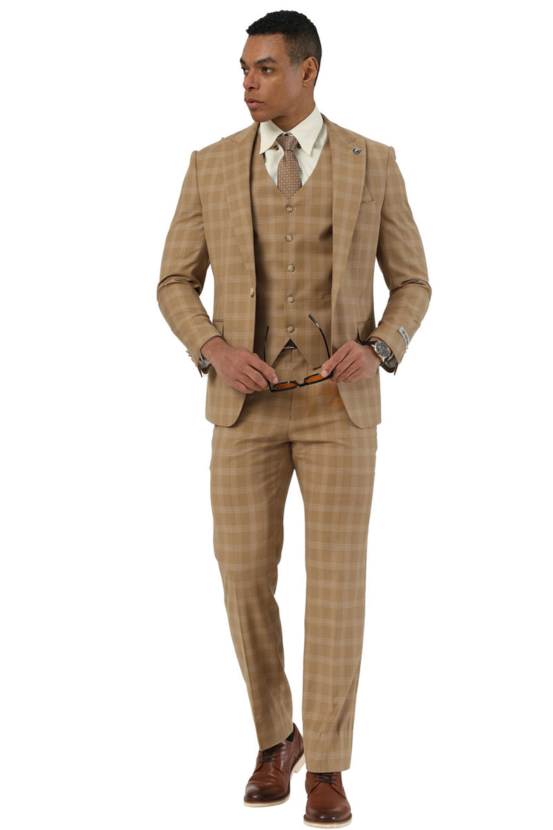Men’s Stacy Adams One Button Vested Peak Lapel Suit in Taupe Plaid
