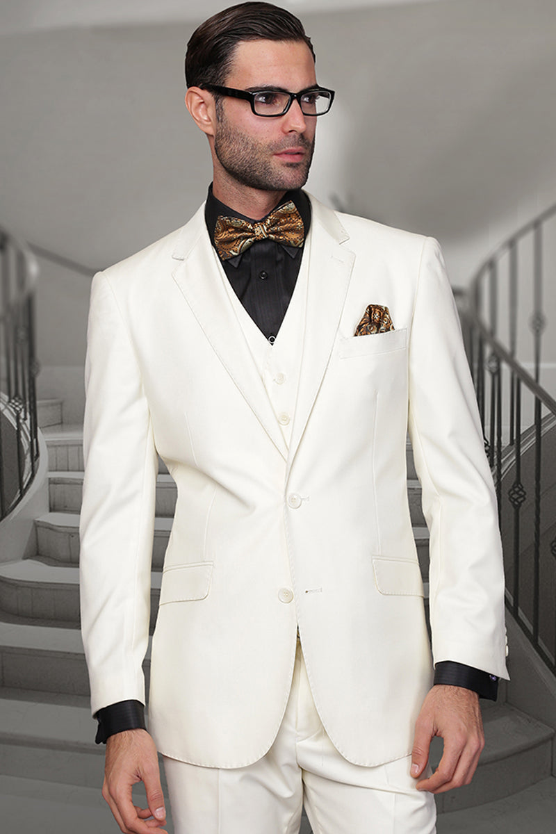 Men’s Designer Vested Modern Fit Wool Wedding & Business Suit in Ivory Off White