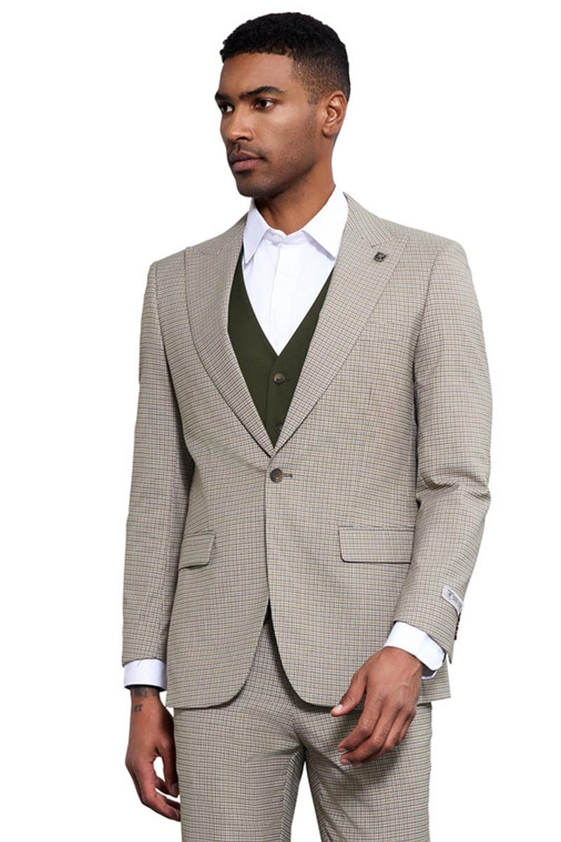 Men’s Stacy Adams One Button Peak Lapel Vested Micro Check in Sage Green with an Olive Green Vest