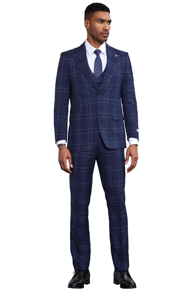 Men’s Stacy Adams Vested Two Button Double Windowpane Plaid Suit in Navy
