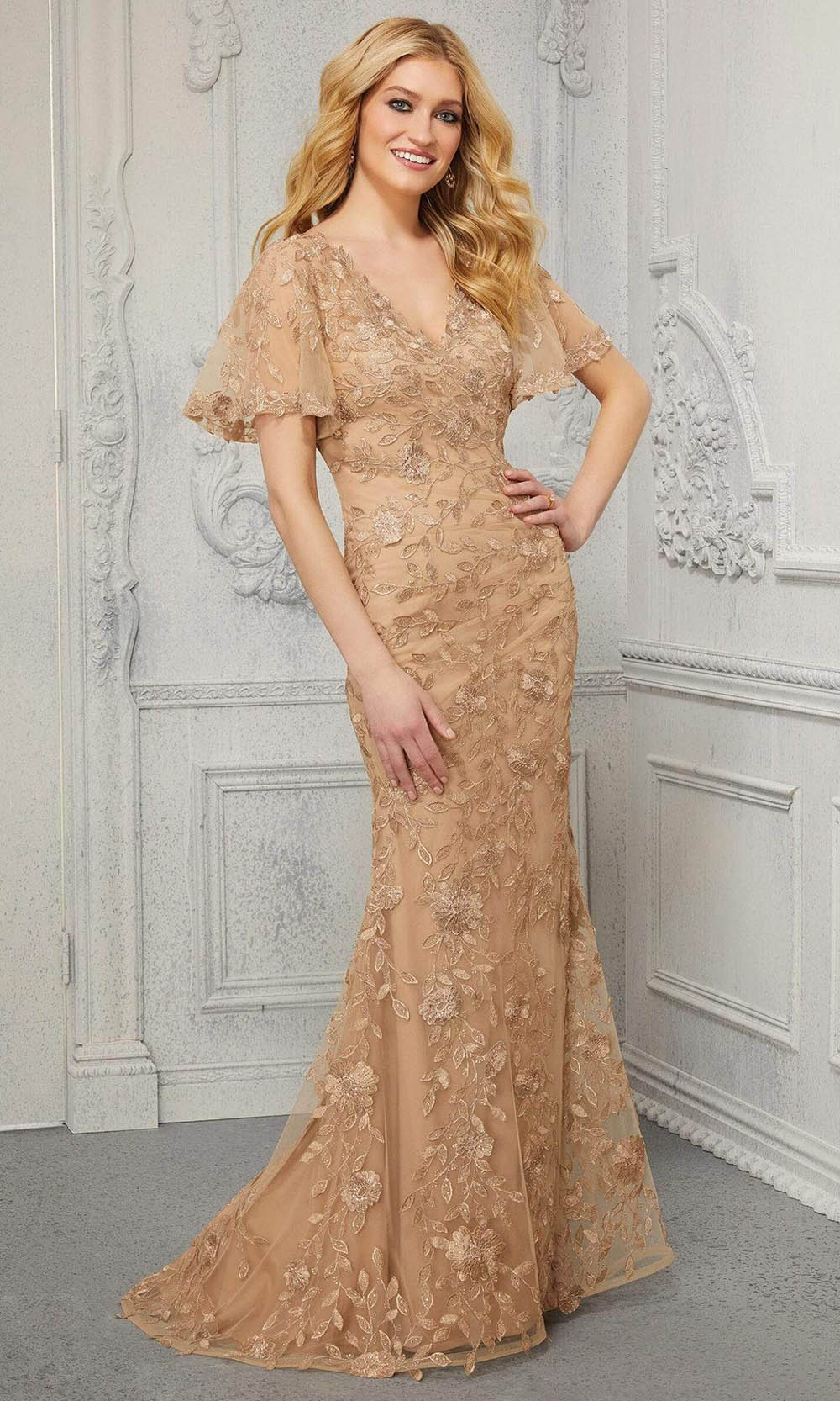 72413 V-Neck Embroidered Evening Dress