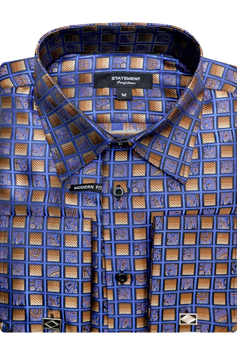 Men’s Fancy French Cuff Long Sleeve Dress Shirt in Royal Blue Check