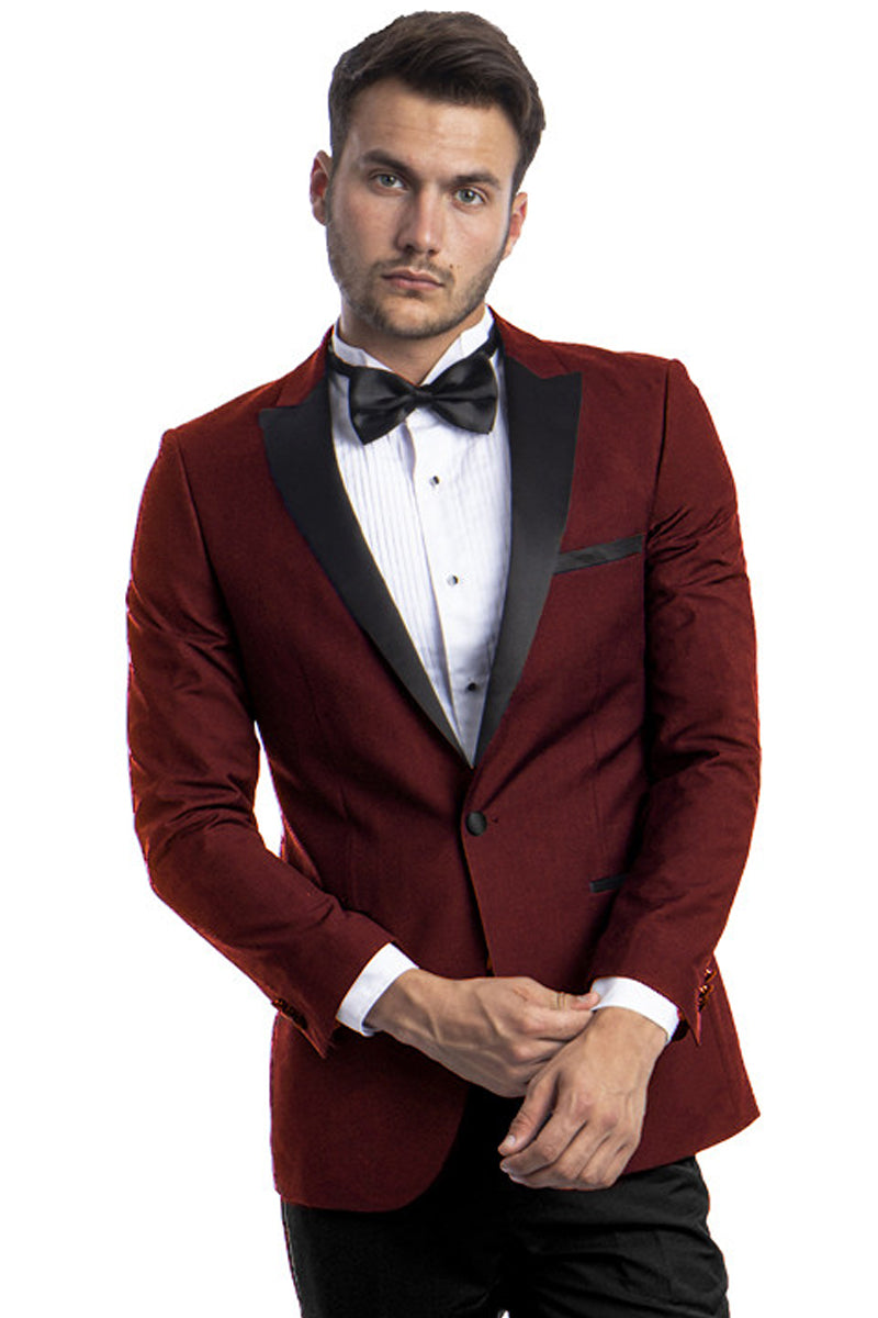 Men’s Slim Fit One Button Peak Lapel Wedding Tuxedo in Burgundy