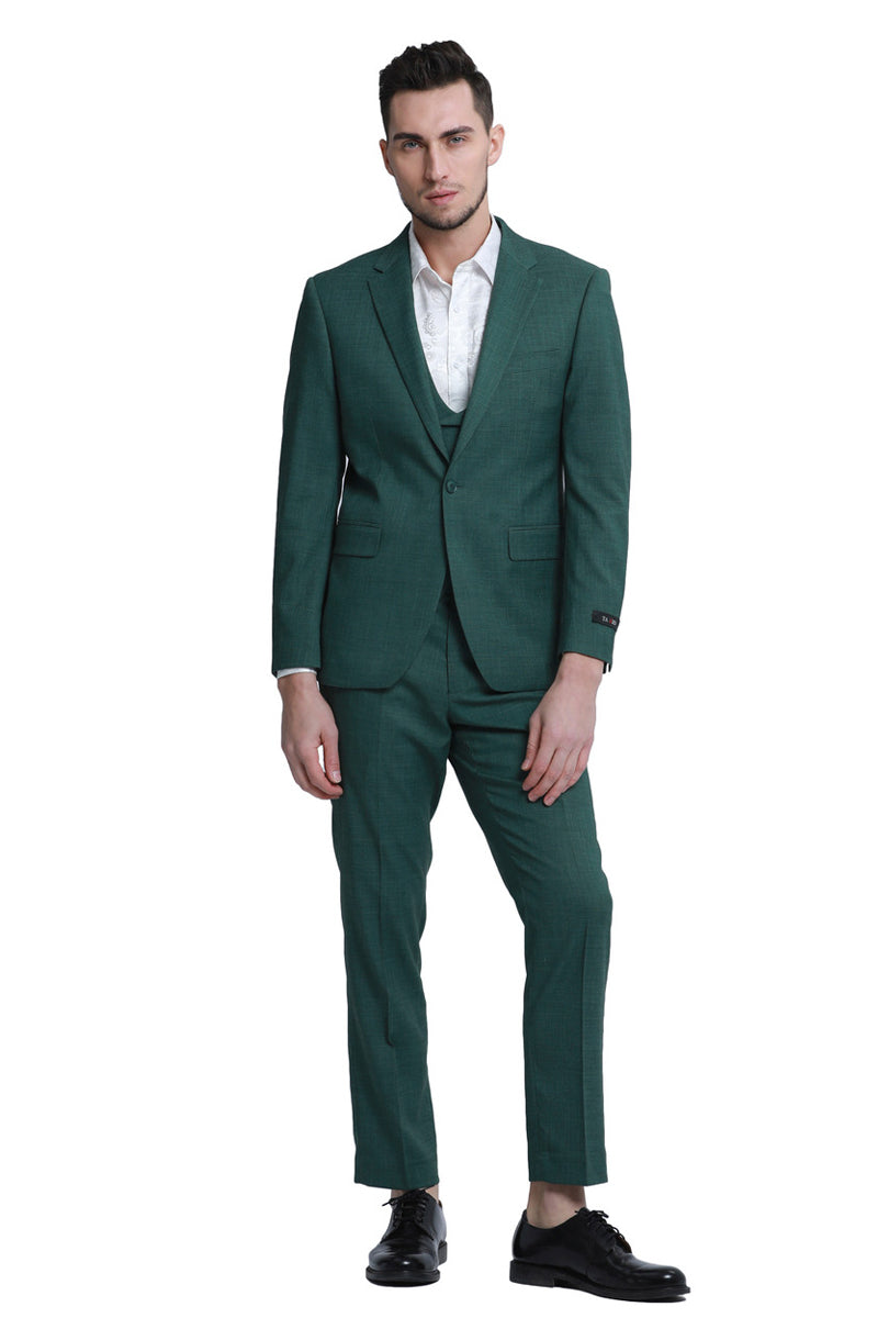 Men’s One Button Double Breasted Vest Slim Fit Sharkskin Wedding Suit in Hunter Green