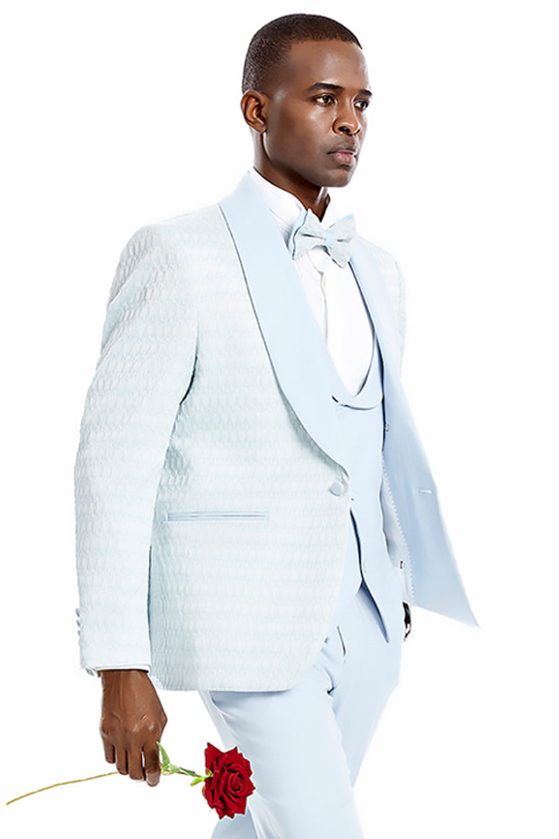 Men’s One Button Vested Honeycomb Lace Design Wedding & Prom Tuxedo in Sky Blue