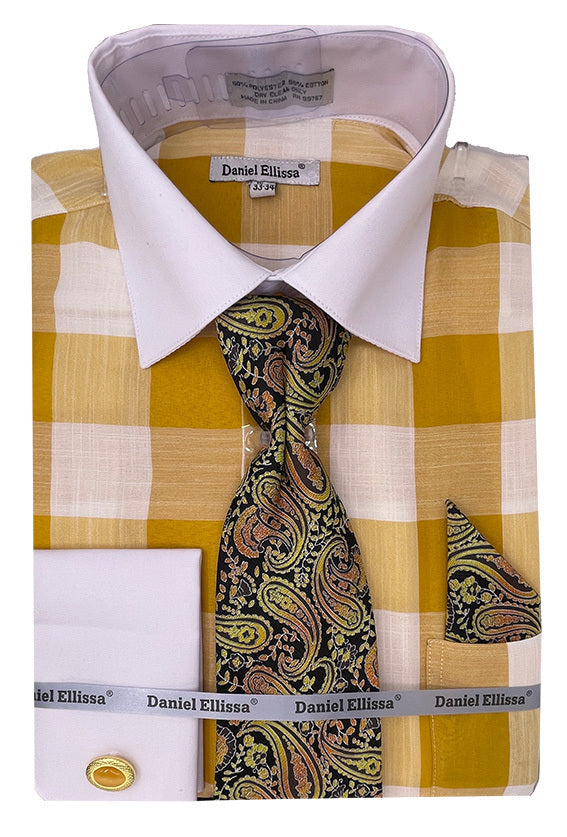 Men’s Contrast Collar & French Cuff Picnic Plaid Dress Shirt Set in Mustard Yellow