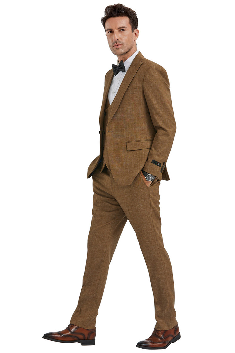 Men’s Slim Fit One Button Peak Lapel Suit with Double Breasted Vest in Camel Sharkskin