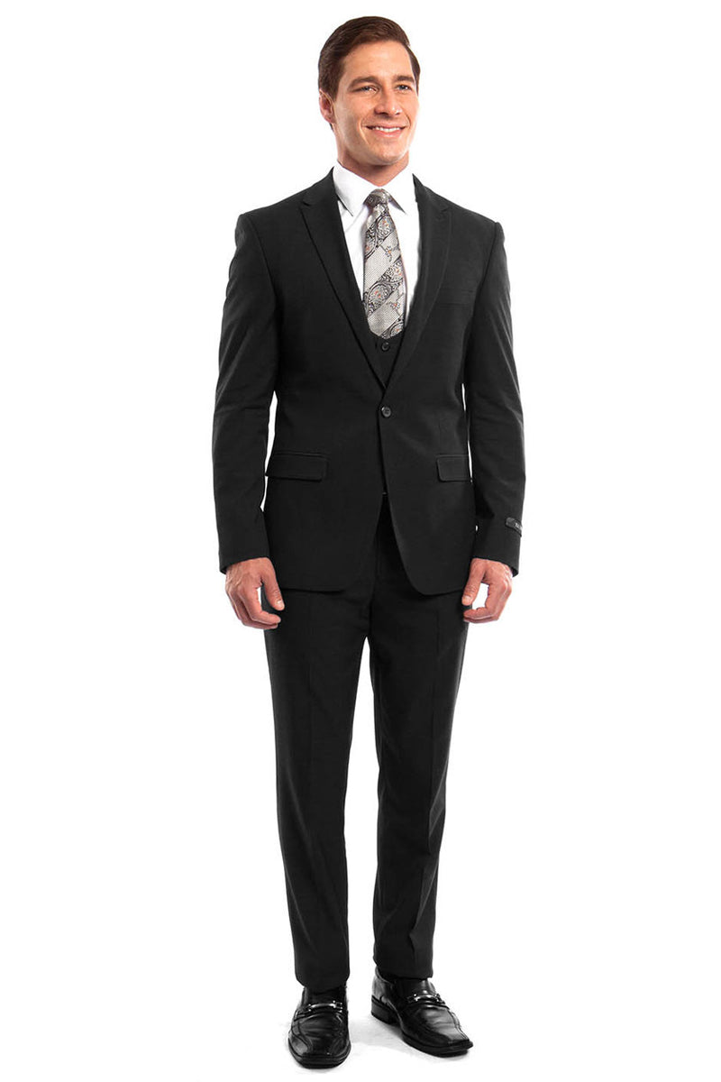 Men’s One Button Peak Lapel Skinny Wedding & Prom Suit with Lowcut Vest in Black