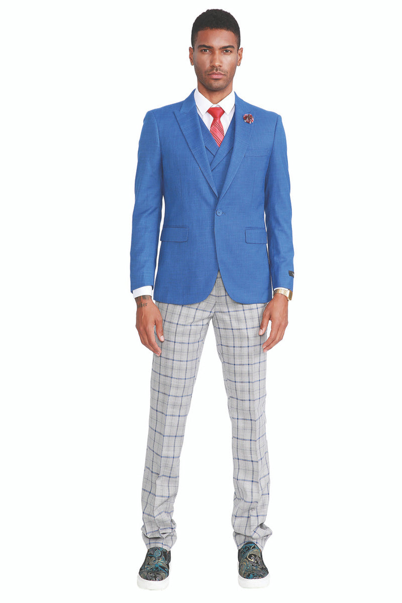 Men’s One Button Vested Peak Lapel Suit in French Blue with Grey & Blue Plaid Pants