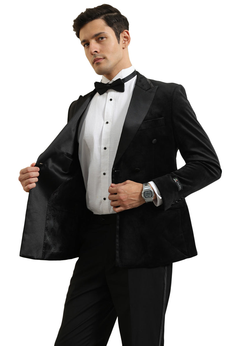 Men’s Velvet Double Breasted Wedding & Prom Tuxedo Jacket in Black