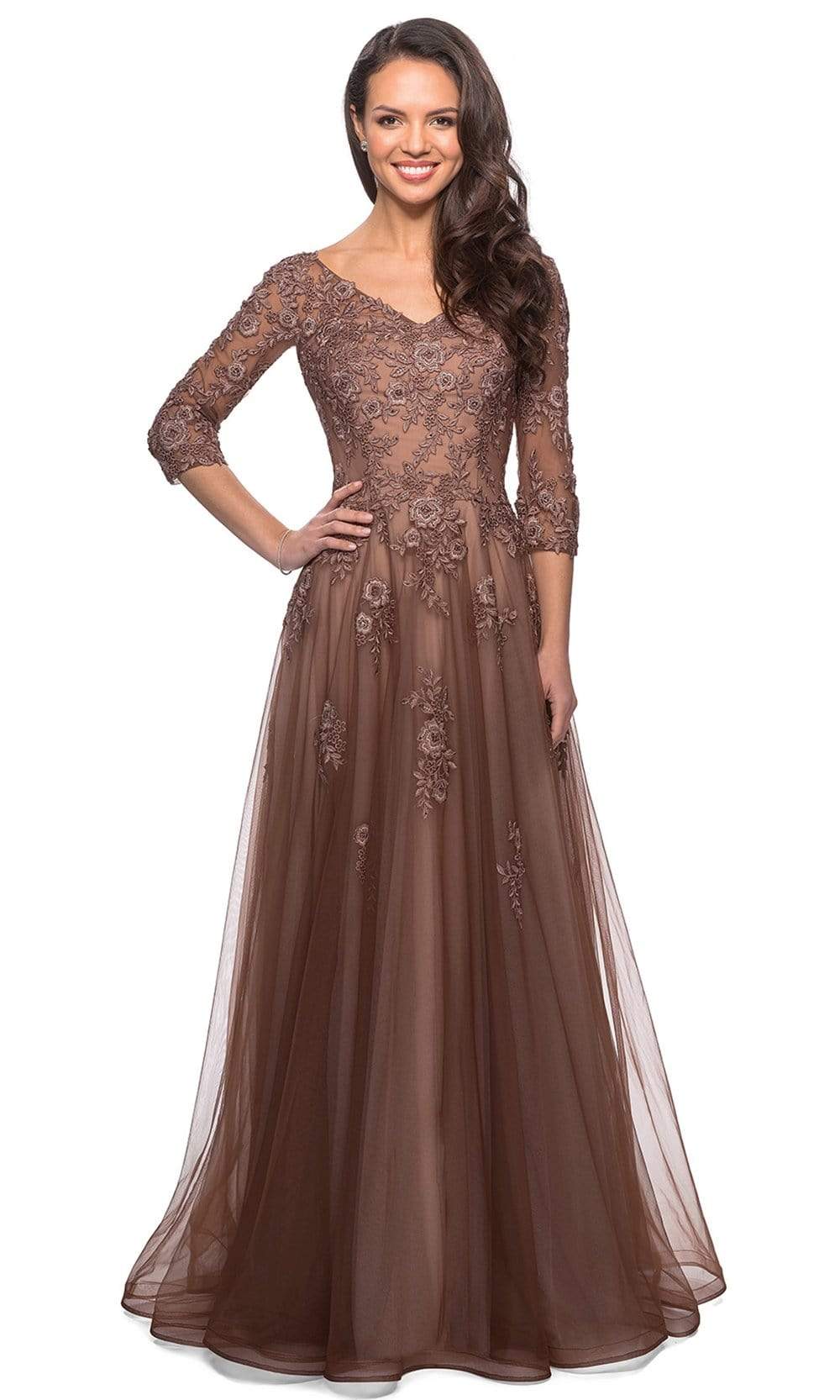 27908 Floral Lace V-Neck A-line Gown