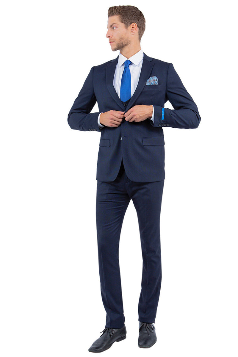 Men’s Two Button Vested Sharkskin Suit with a Scoop Vest in Navy Blue