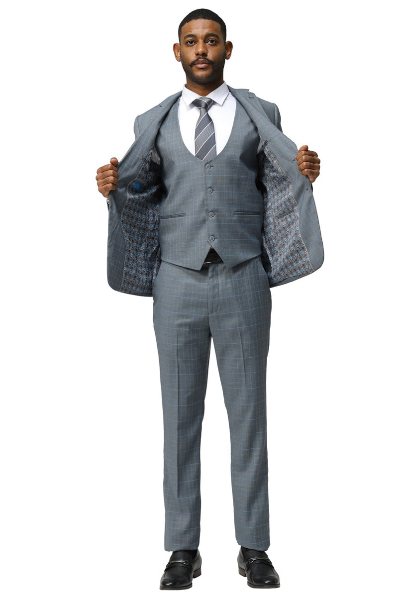 Men’s Modern Fit Two Button Suit with Scoop Vest in Grey Windowpane Plaid