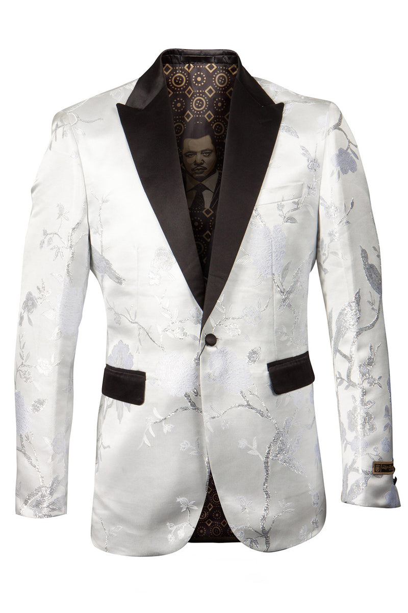 Men’s Shiny Floral Satin Print Prom & Wedding Tuxedo Jacket in White & Silver