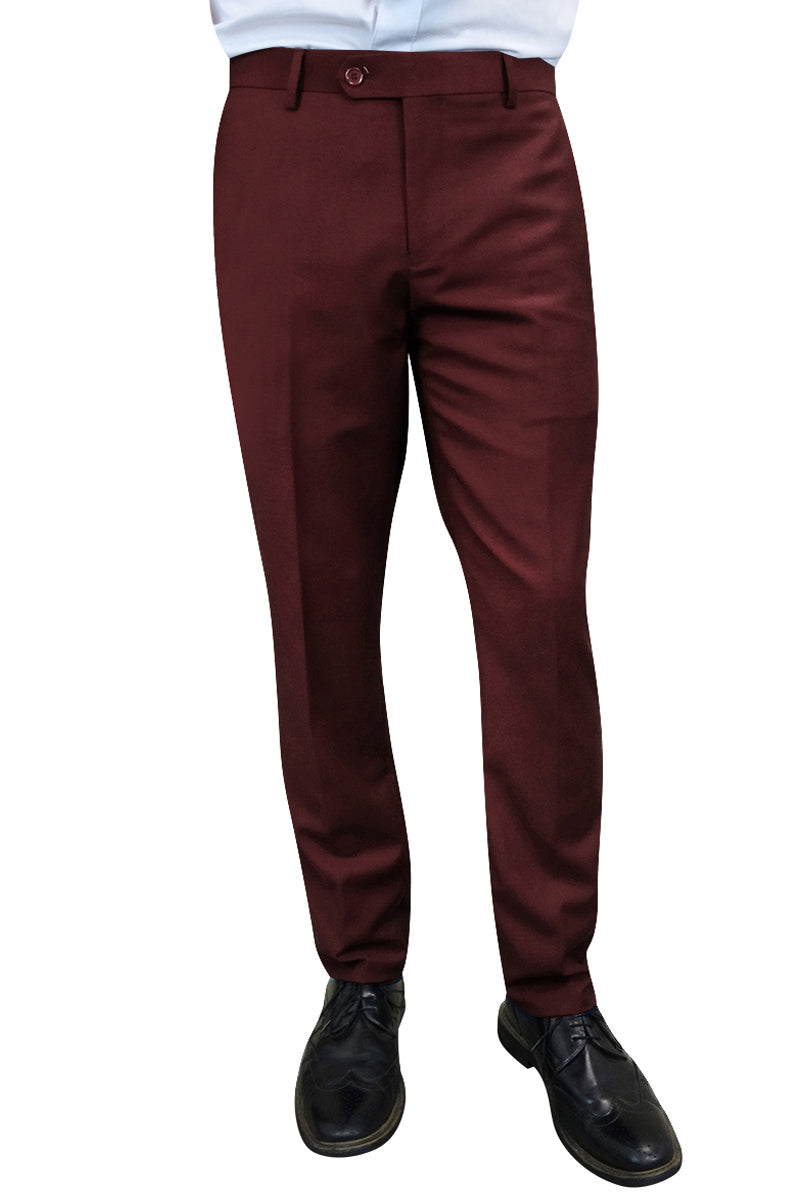 Men’s 100% Wool Slim Fit Flat Front Dress Pant in Burgundy