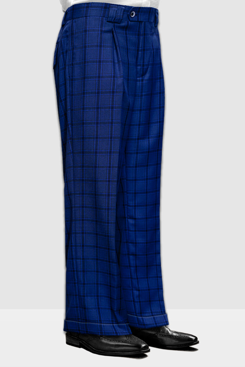 Men’s Designer Wool Pleated Wide Leg Dress Pants in Sapphire Blue Plaid