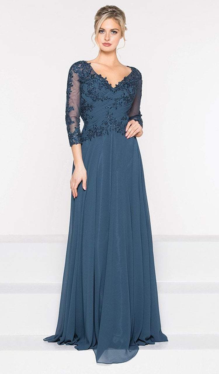 M237 V-Neck Beaded Lace Applique Chiffon Dress