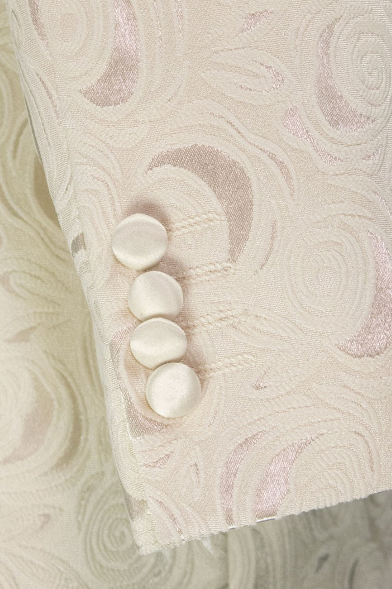 Men’s Regular Fit Square Shawl Prom & Wedding Tuxedo Jacket in Light Champagne Paisley Rose Print