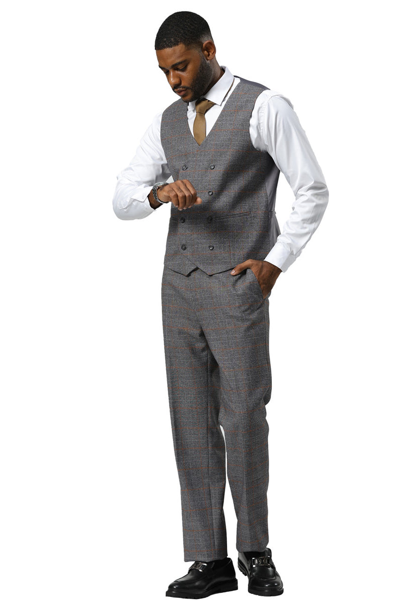 Men’s Stacy Adams One Button Peak Lapel Suit With Double Breasted Vest in Grey Glen Plaid