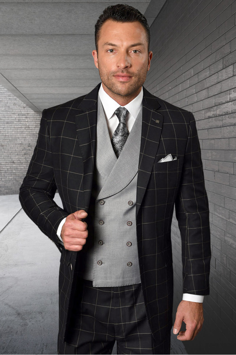 Men’s Designer Two Button Vested Wool & Cashmere Suit in Black & Grey Windowpane Plaid