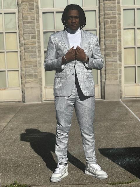 Men’s Slim Fit Shiny Paisley Prom & Wedding Suit in Silver Grey