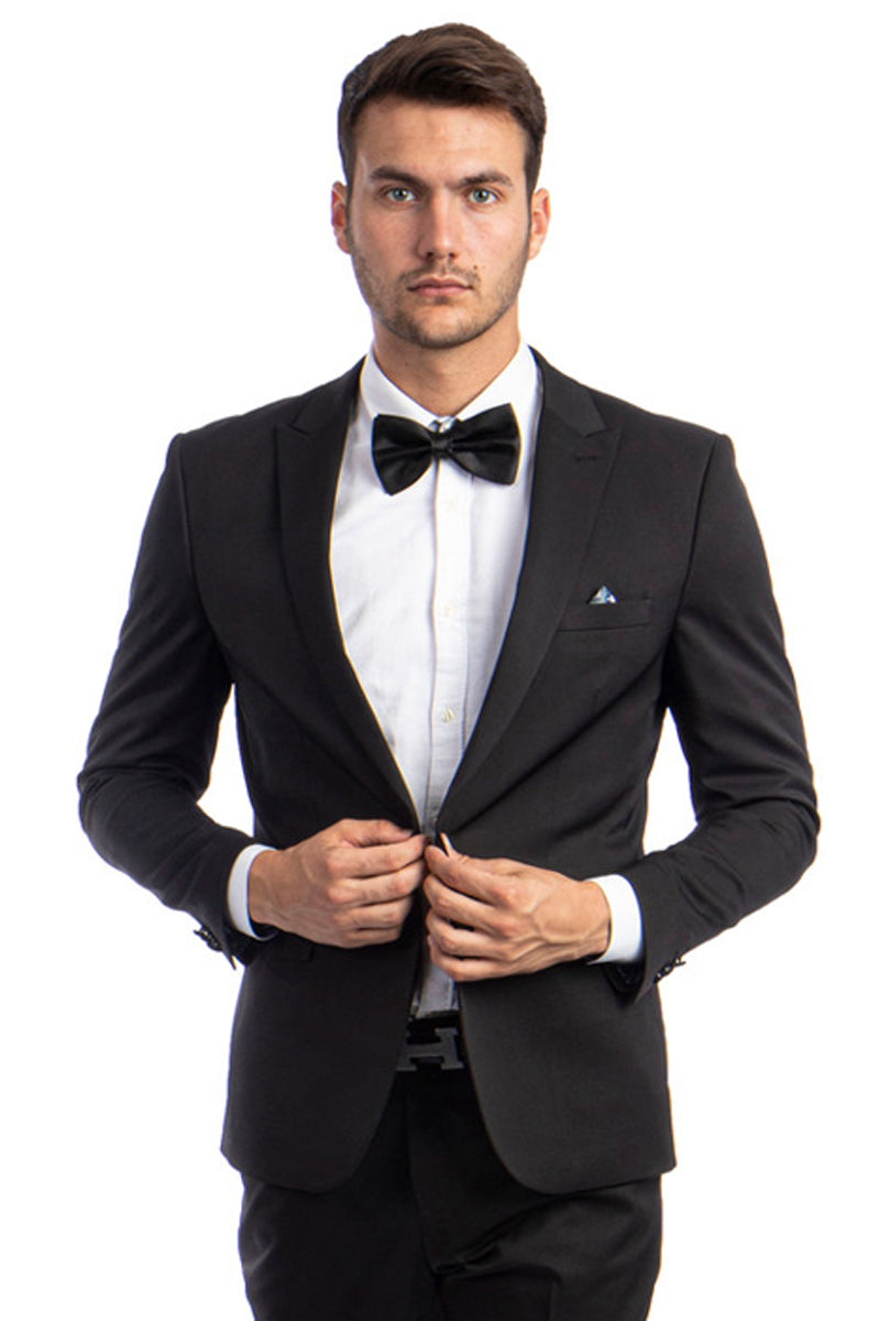 Men’s One Button Peak Lapel Basic Slim Fit Suit in Black
