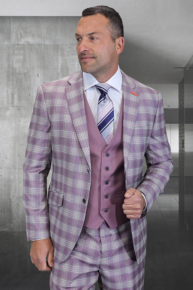 Men’s Designer Modern Fit Wool Suit in Mauve Pink & Lavender Plaid with Contrasting Vest