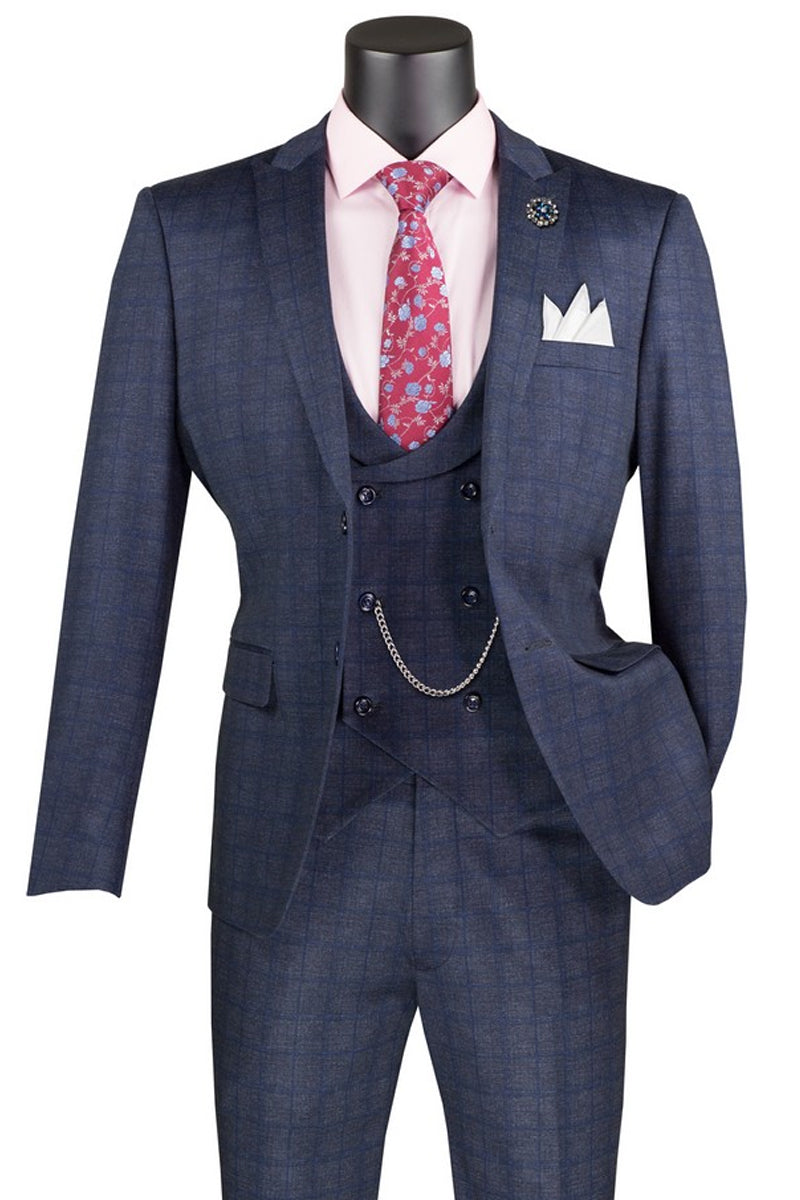 Men’s Two Button Vintage Style Slim Fit Vested Plaid Suit in Navy Blue