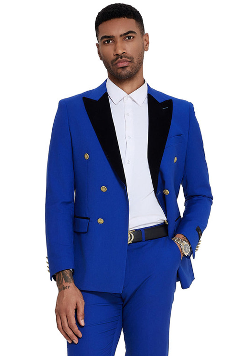 Men’s Double Breasted Wedding Suit with Velvet Peak Lapel and Gold Buttons in Royal Blue