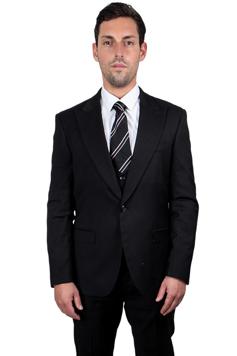 Men’s Vested One Button Peak Lapel Stacy Adams Suit in Black