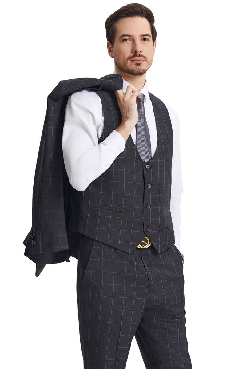 Men’s Stacy Adams Peak Lapel Charcoal Grey Windowpane Plaid Suit with a Scoop Neck Vest