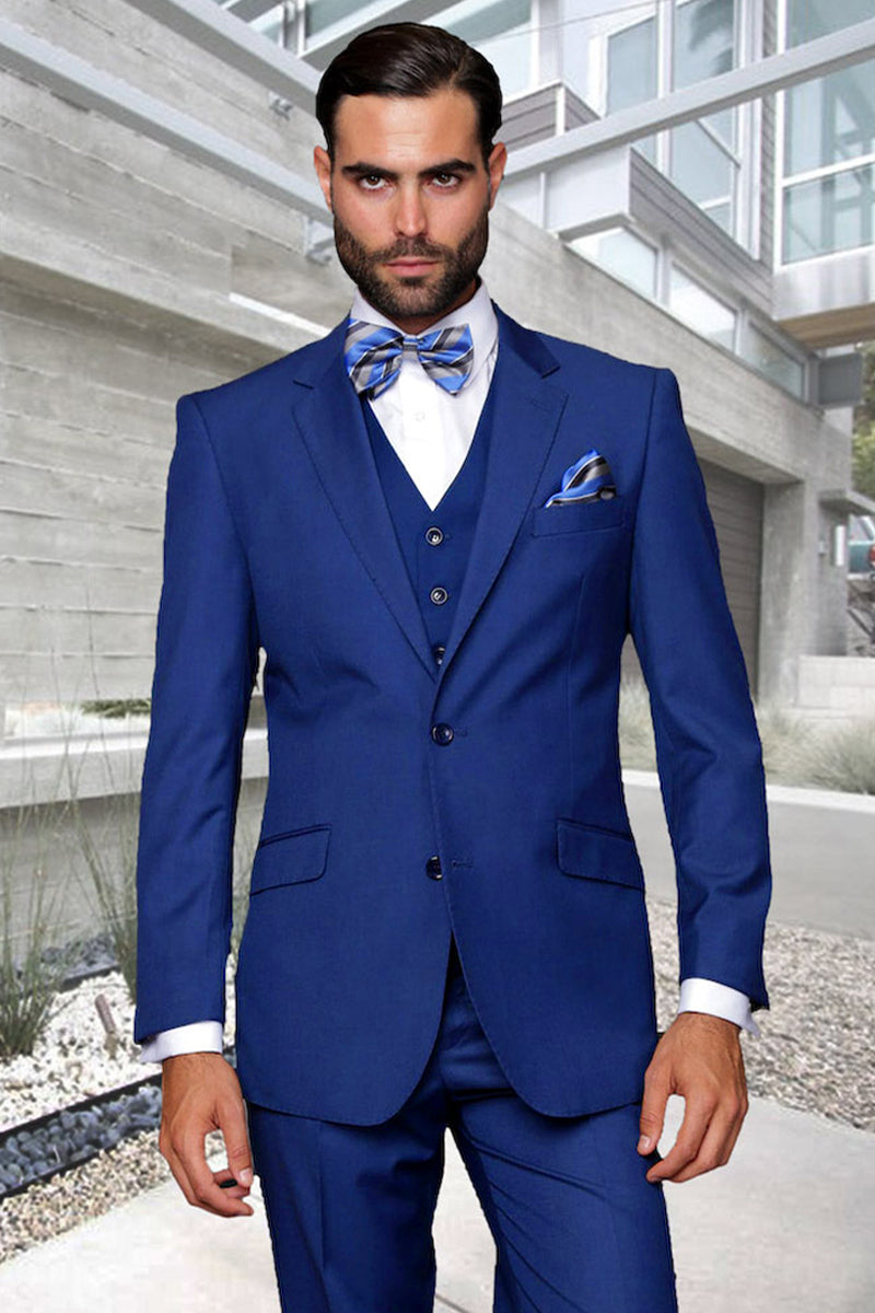 Men’s Modern Fit Designer Vested Extra Long Wool Suit in Sapphire Blue