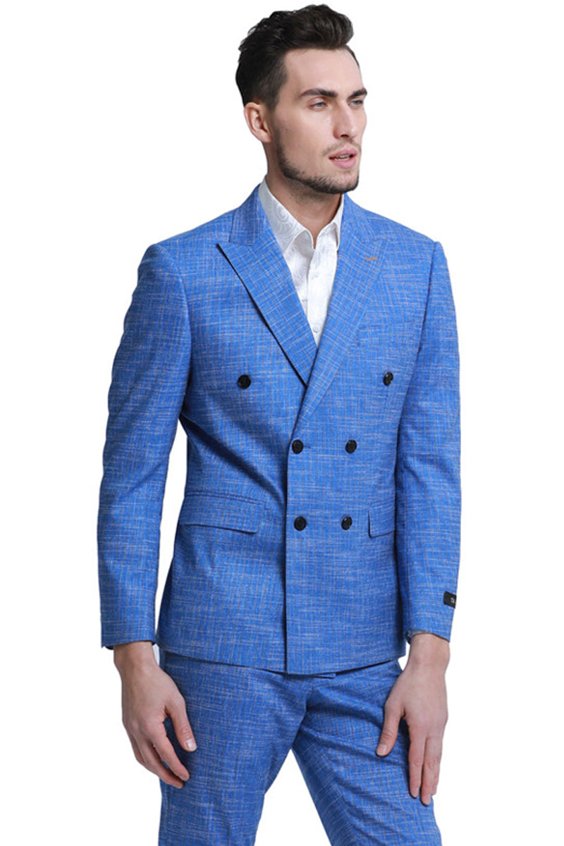 Men’s Slim Fit Double Breasted Summer Sharkskin Suit in French Blue