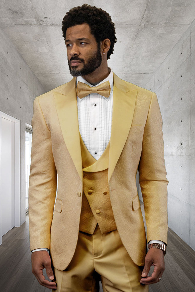 Men’s Designer Vested Tonal Paisley Wedding & Prom Tuxedo in Gold