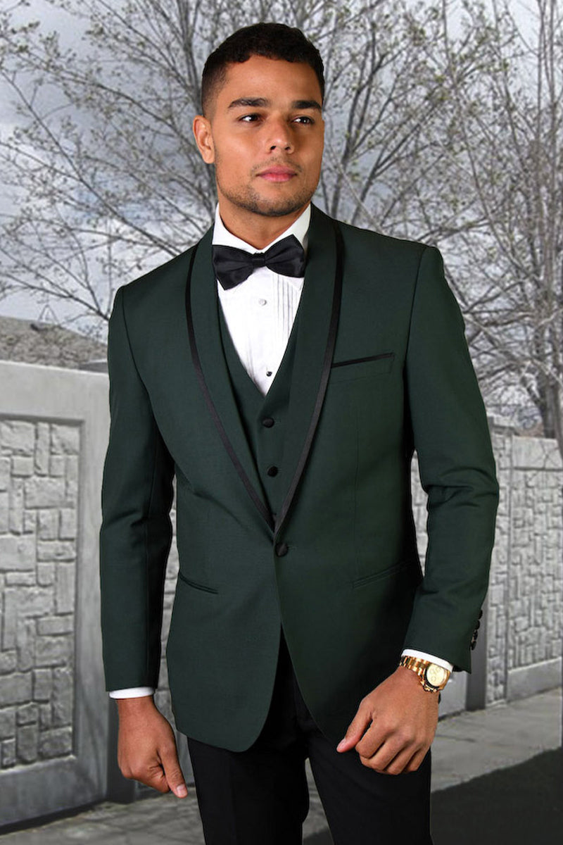 Men’s Designer Vested Satin Trim Shawl Wedding & Prom Tuxedo in Hunter Green